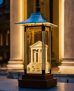 a lamp of engraved acrylic with the facade of a cl