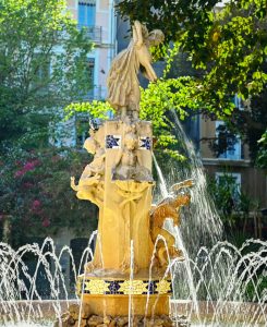 View of the fountain in Gabriel Miro Square in Alicante, Spain