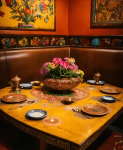 indian folk art dining table in a restaurant