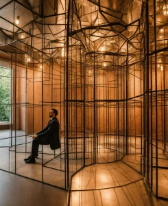 man in the glass labyrinth in modern style