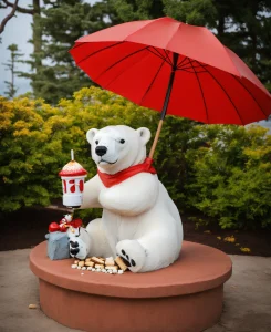 polar bear statue holding a red umbrella and smore