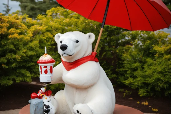 polar bear statue holding a red umbrella and smore